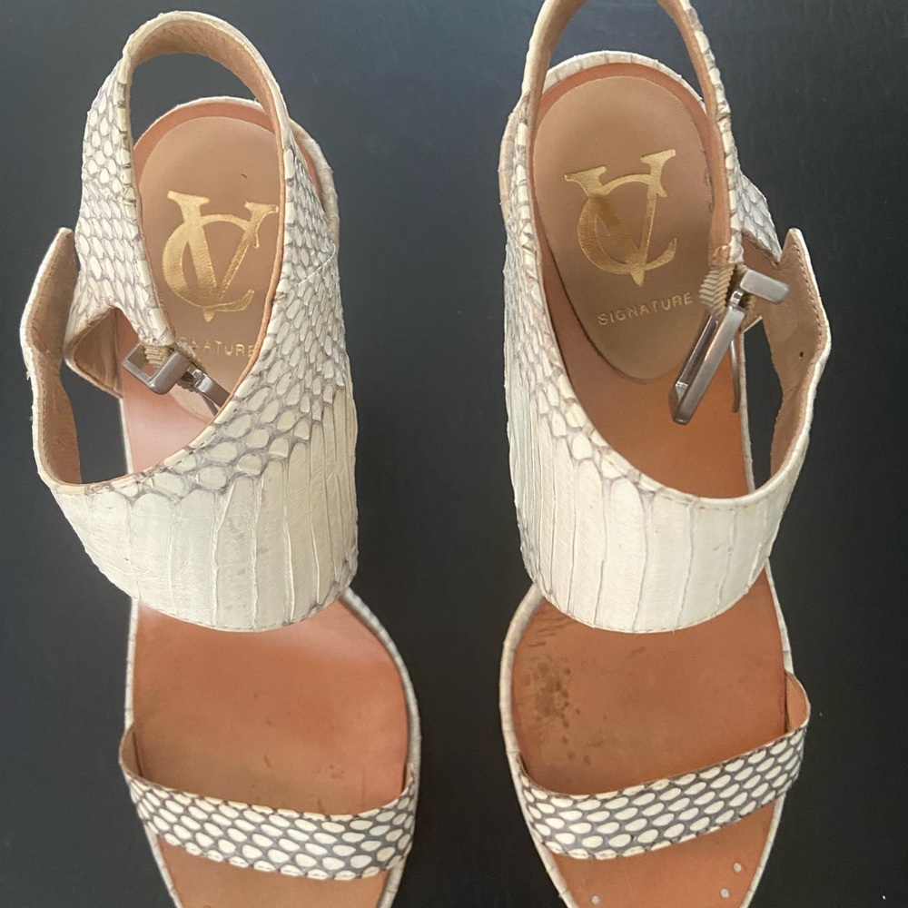 Vince Camuto Signature White Snakeskin Heels with double strap